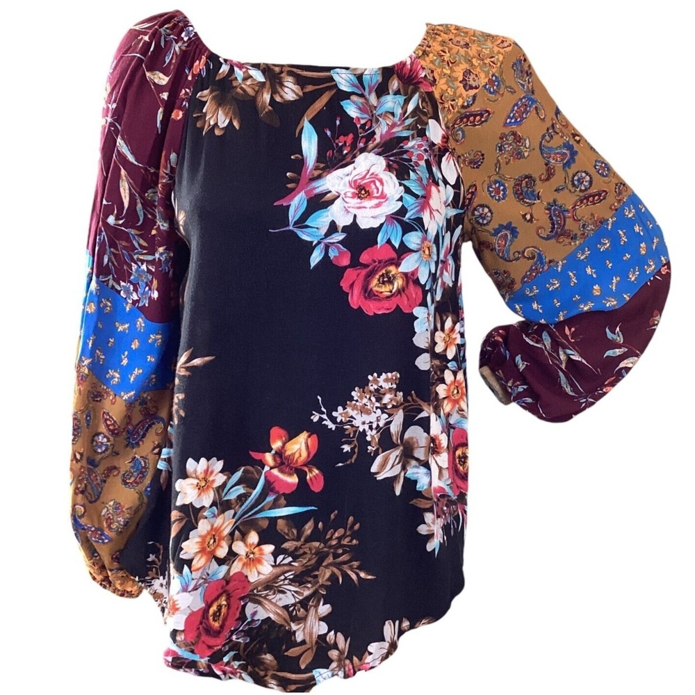 Oddy Mixed Pattern Colorful BOHO Peasant Tunic Top Sz S #311i